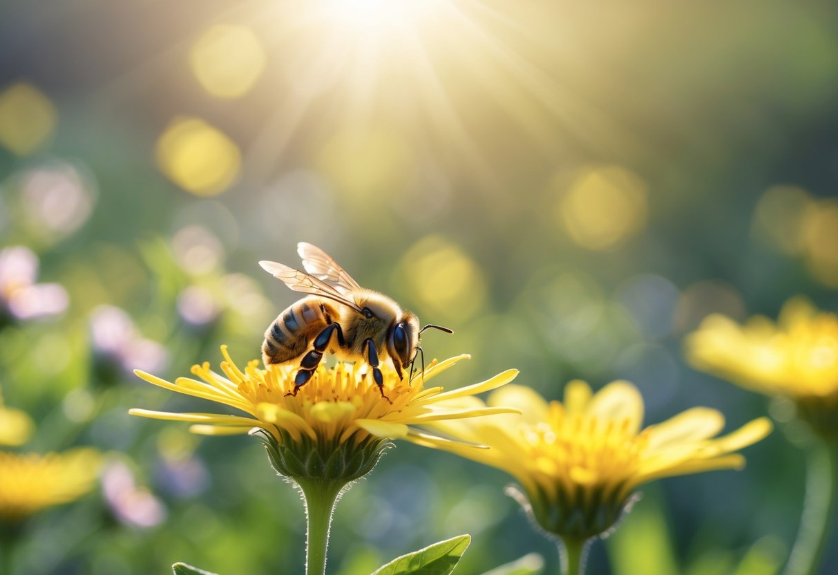 A close-up of a bee sitting on a yellow flower with green foliage blurred in the background.