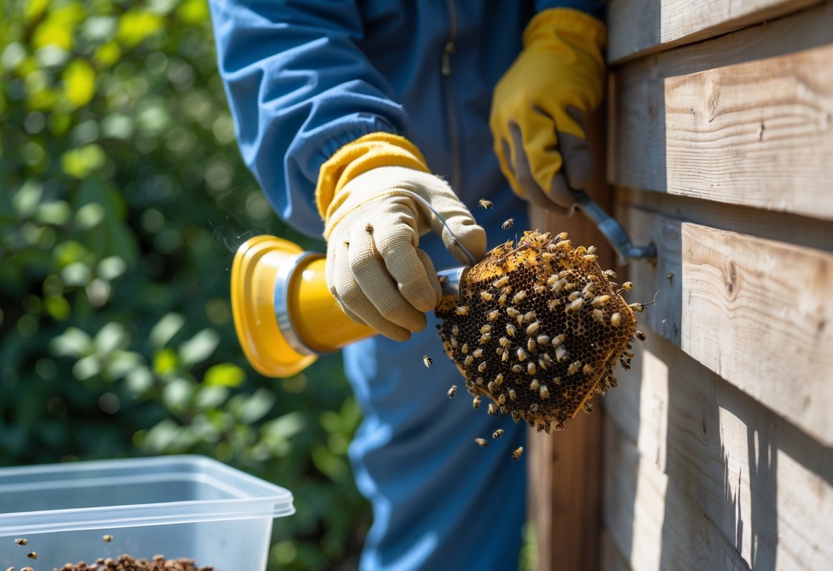Person wearing protective gloves removing a beehive from the corner of a wooden house using a bee smoker and tools outdoors.