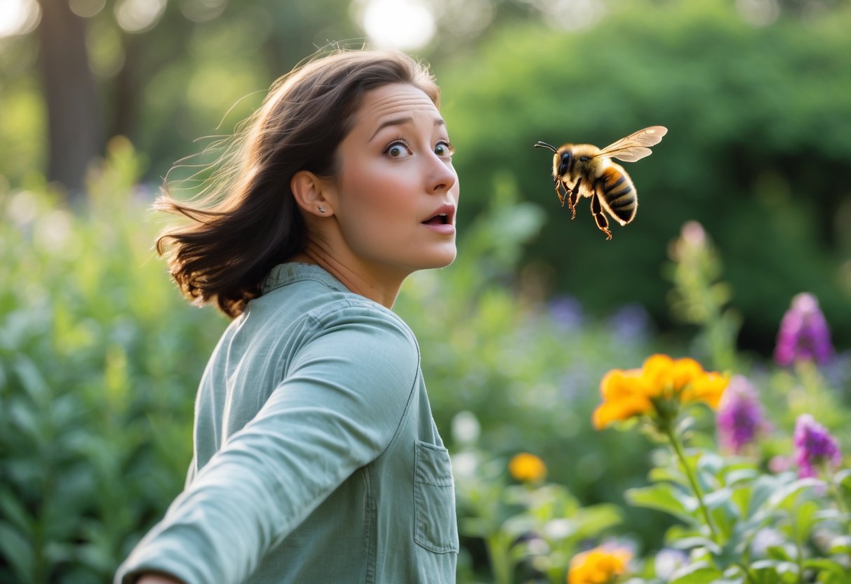 A person outdoors looking over their shoulder with a surprised expression as a bee flies close behind them.