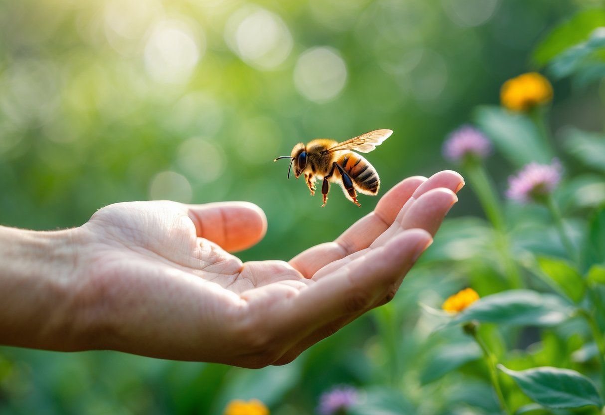 A bee hovering near a person's outstretched hand outdoors with green plants and flowers in the background.