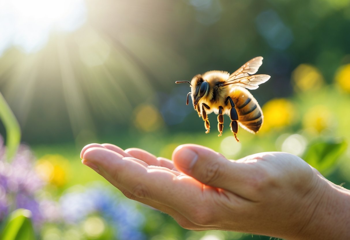 A bee flying close to a person's hand in a garden with flowers.