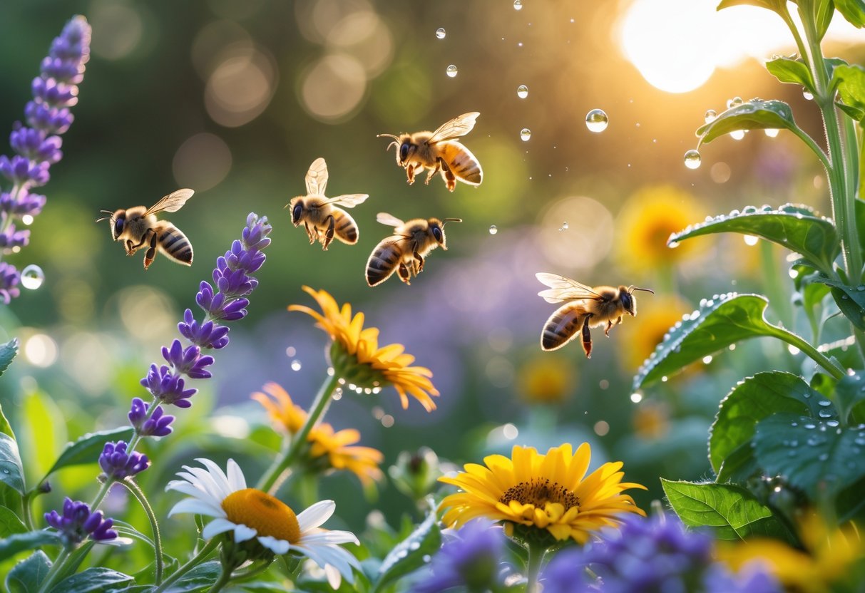 Bees hovering and landing on colorful flowers in a sunlit garden with green foliage in the background.
