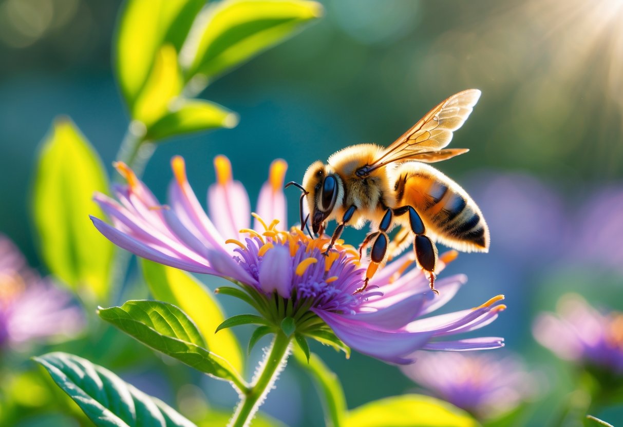 A bee collecting nectar from a bright flower in a garden.