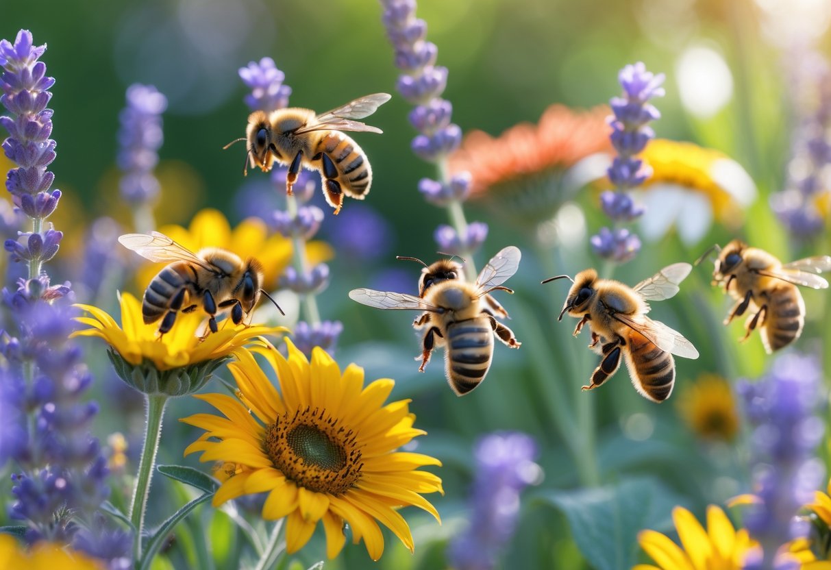 Close-up of bees collecting nectar from colorful flowers in a garden.