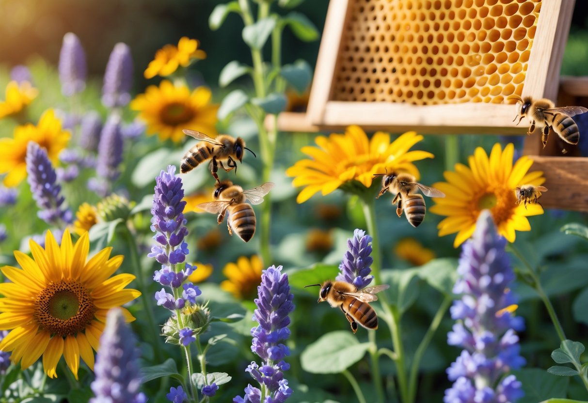 Close-up of bees collecting nectar from colorful flowers in a garden with a honeycomb frame in the background.