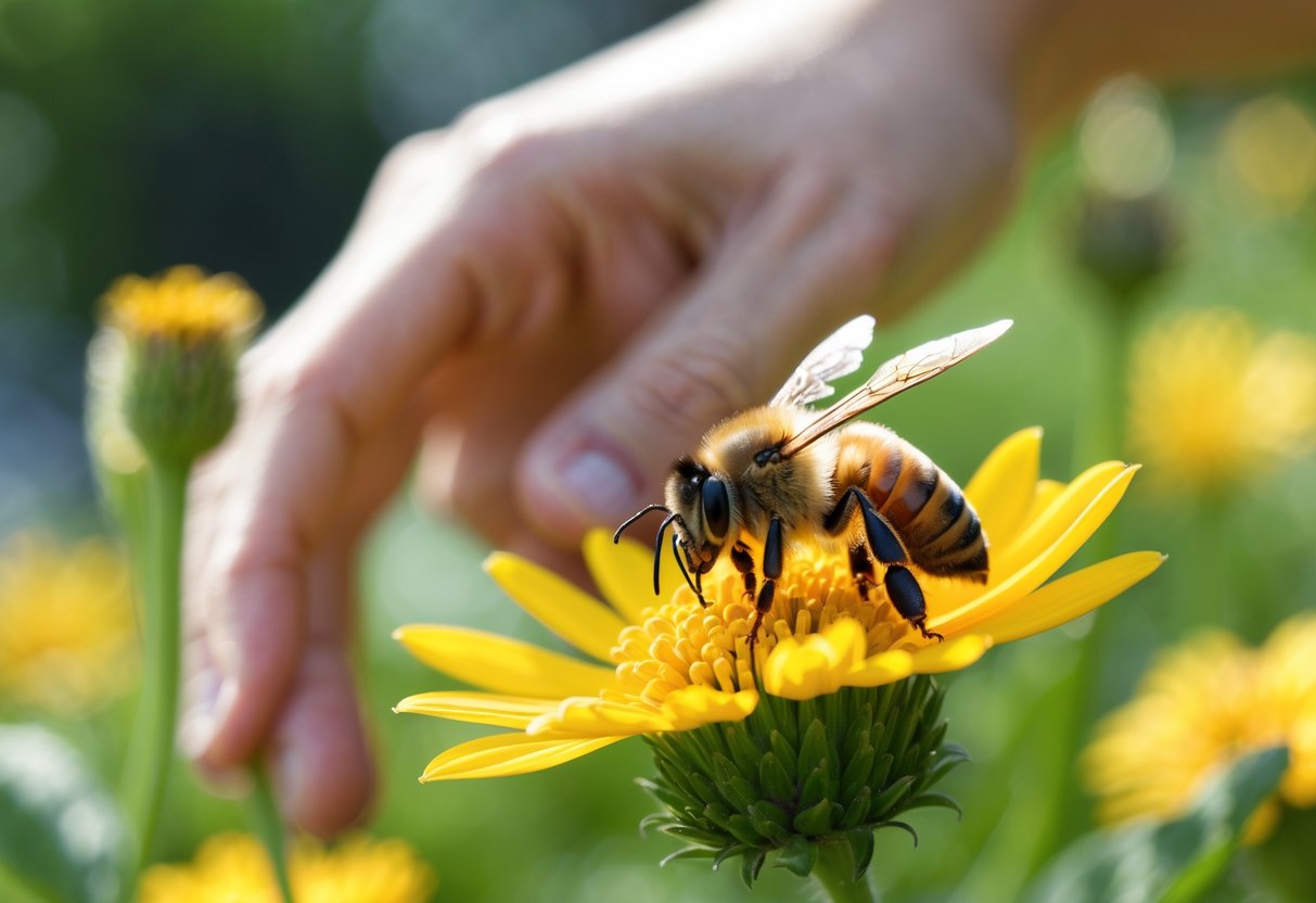 A honeybee on a yellow flower with a person's hand gently reaching toward it in a garden.