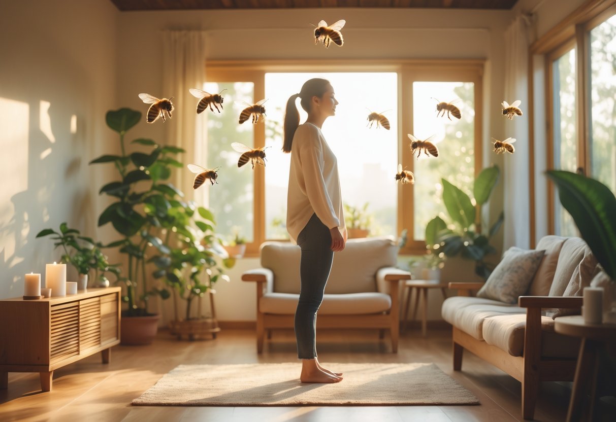 A person standing inside a bright living room with bees gently flying around them.