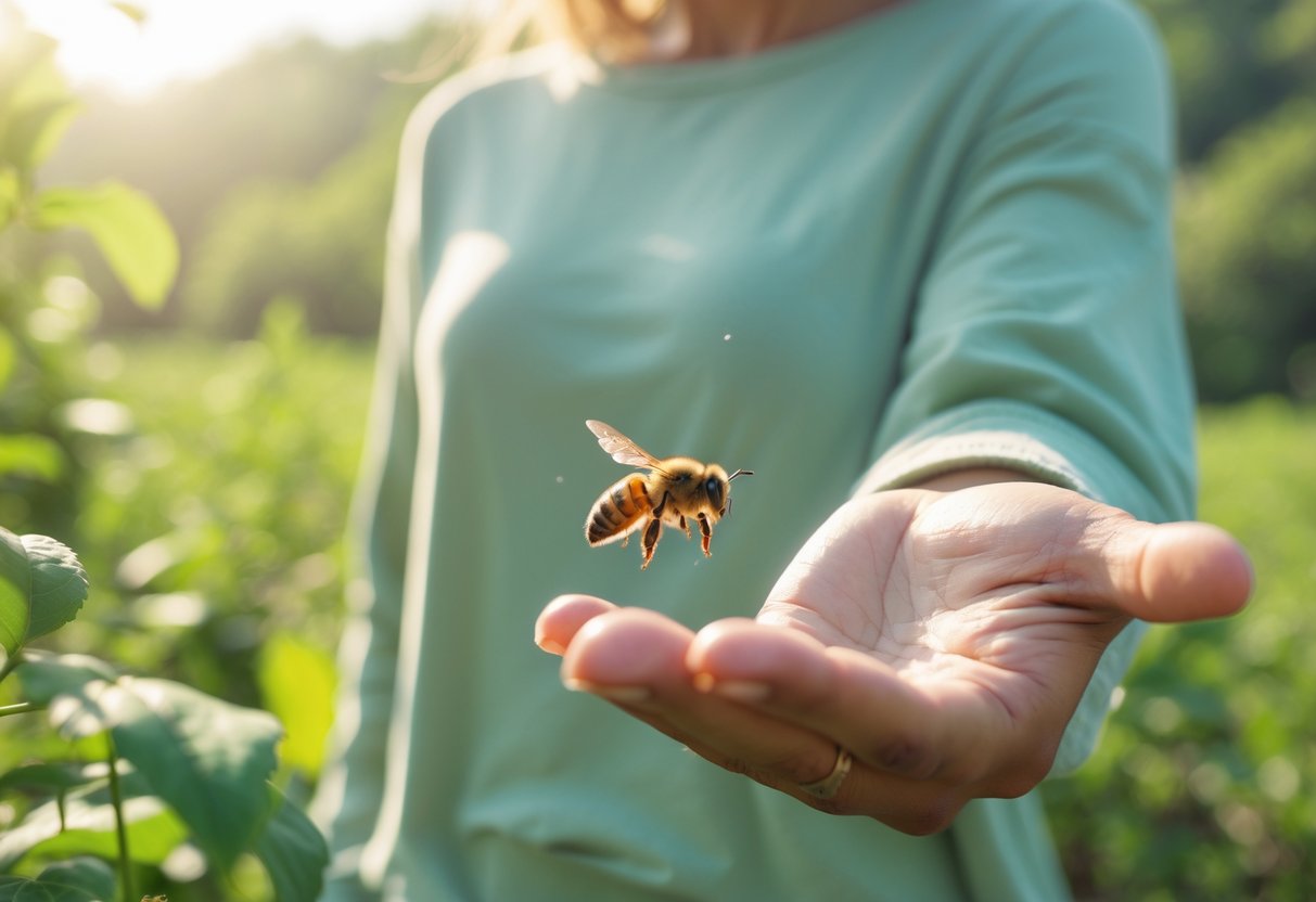 A person calmly standing outdoors with a bee hovering near their hand surrounded by green plants.