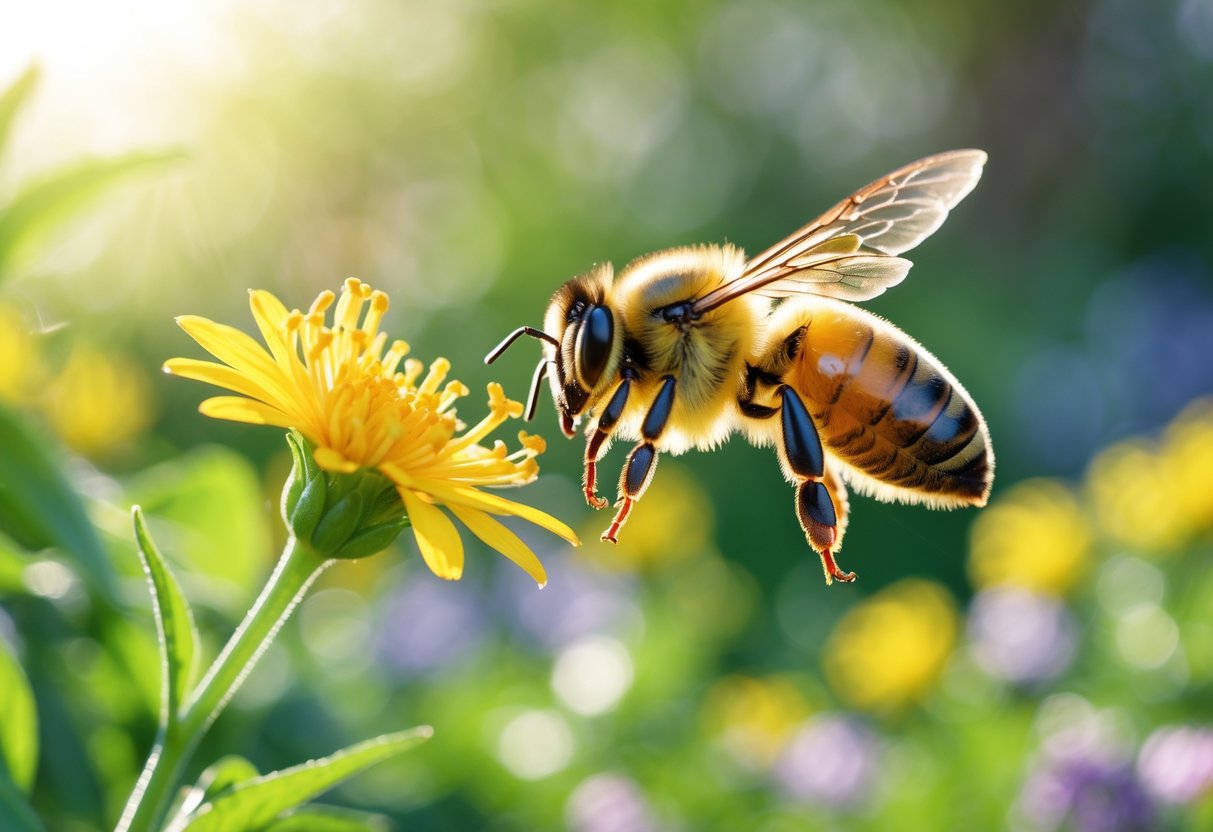A honeybee flying near a yellow flower in a garden with green plants in the background.