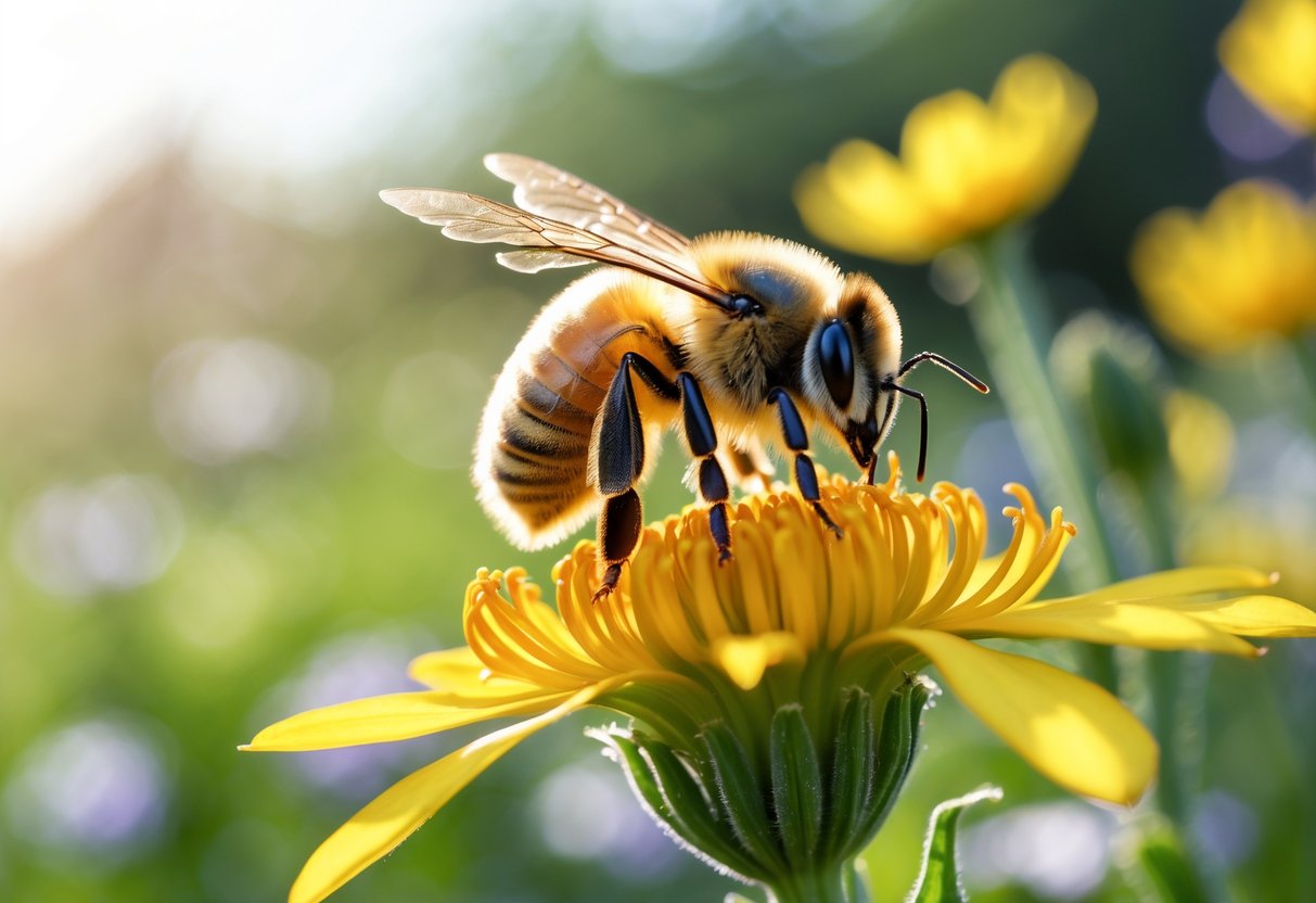 A honeybee resting on a yellow flower in a garden with green plants in the background.