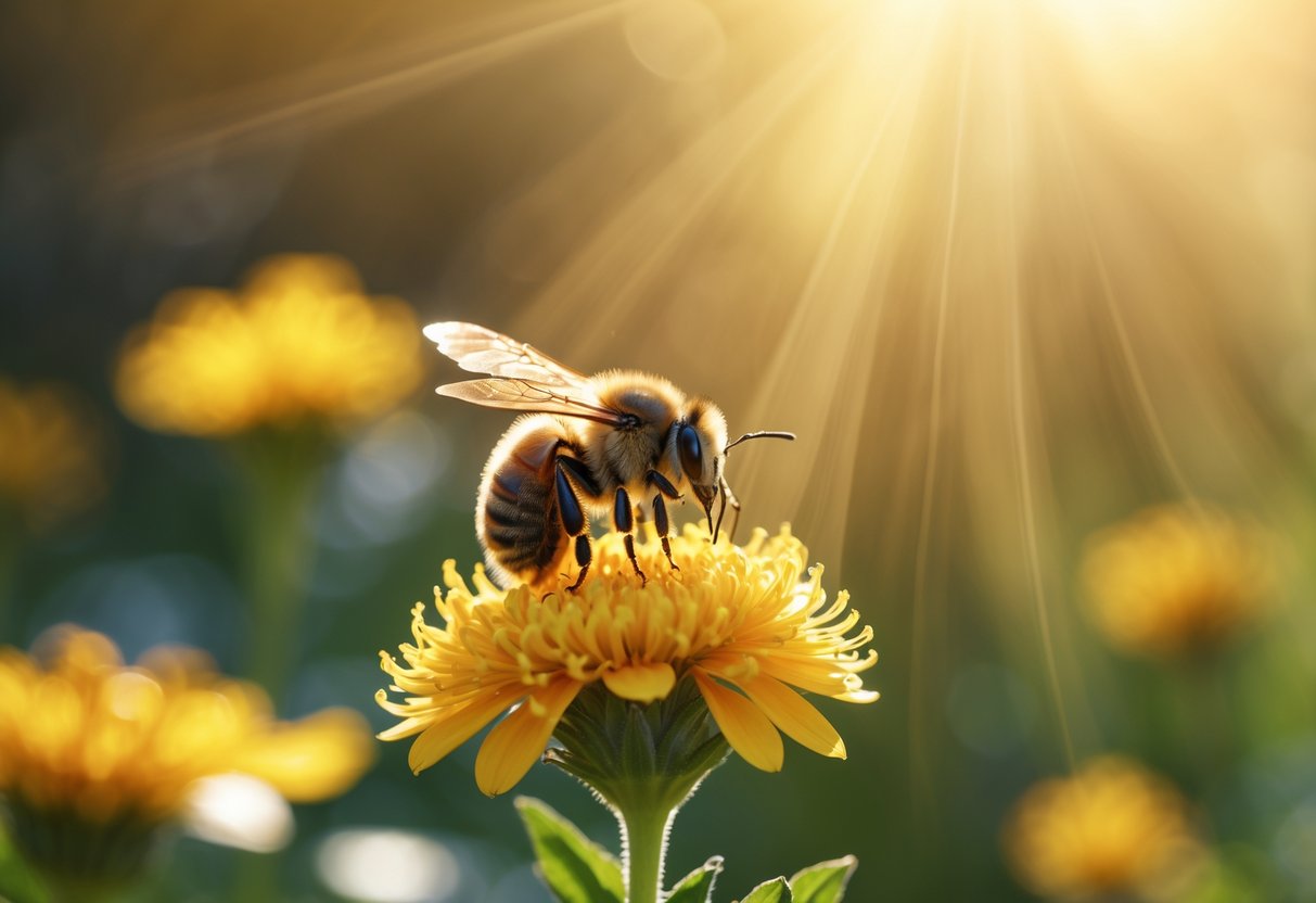 A close-up of a bee resting on a yellow flower in a sunlit garden.