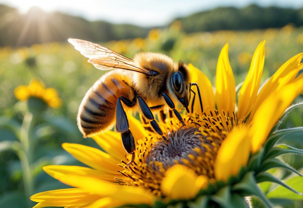 A honeybee collecting nectar from a yellow sunflower in a sunny flower field.