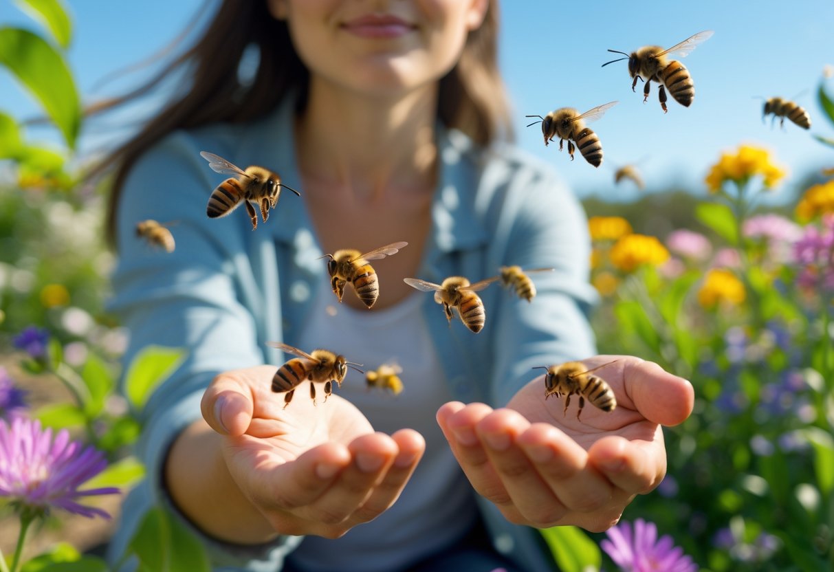 A person outdoors in a garden with bees flying near their face and hands among blooming flowers.