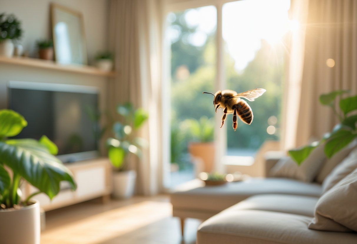 A bee flying near an open window inside a bright living room with plants and sunlight.