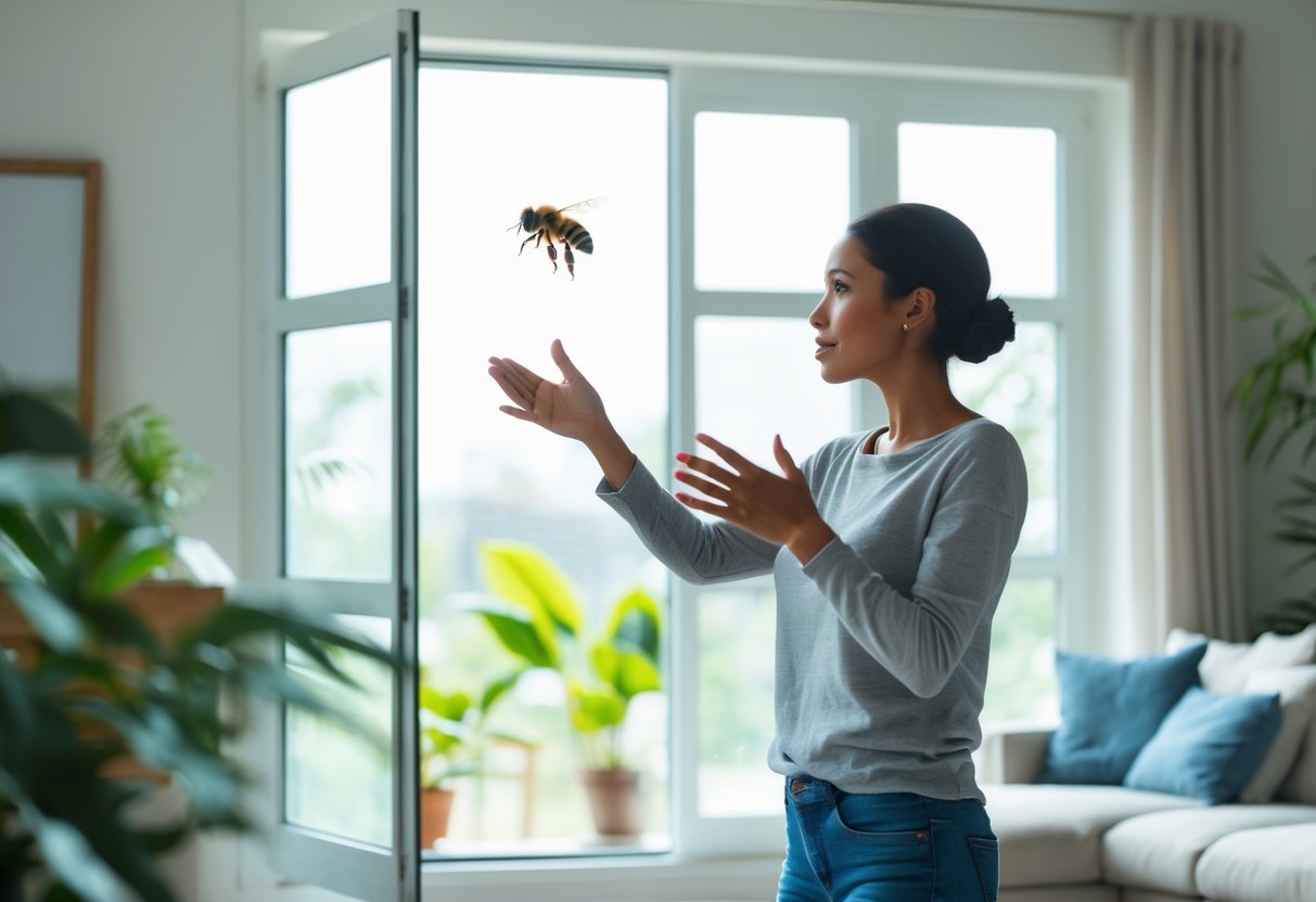 A person calmly opening a window in a living room while a bee flies inside near the window.