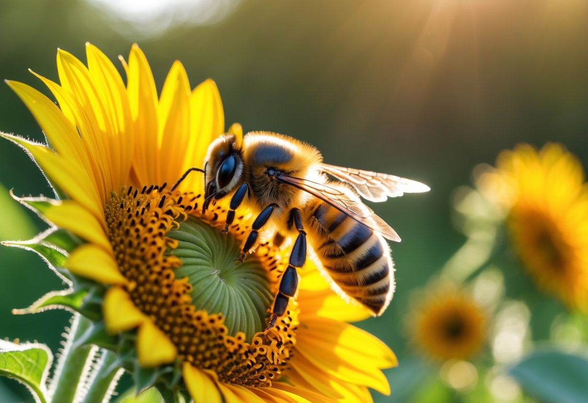 A honeybee resting on a yellow sunflower with green blurred background.