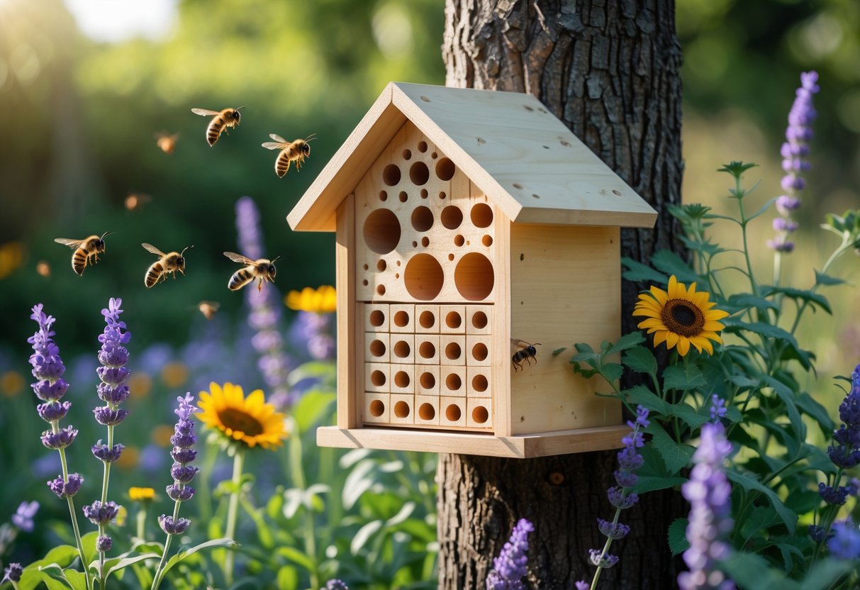 A wooden bee house in a garden surrounded by flowering plants with bees flying around.