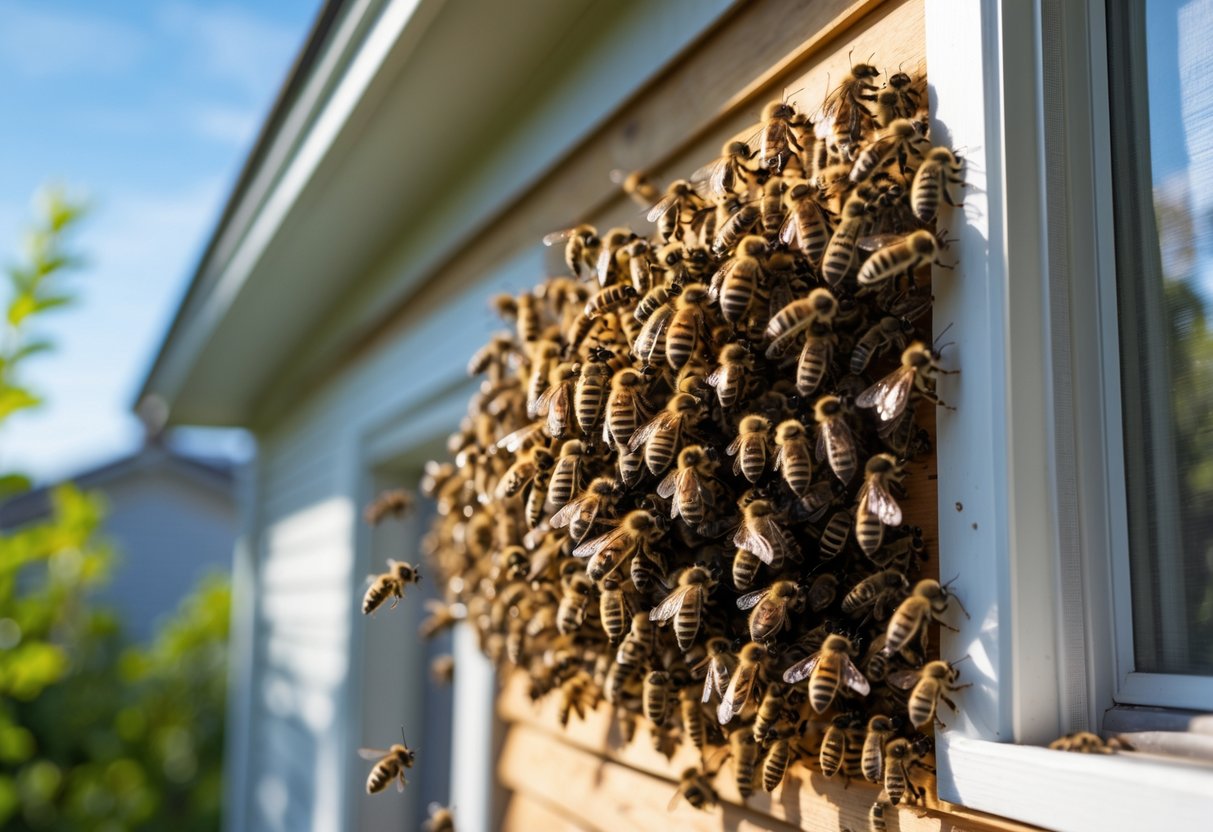 A swarm of bees clustered on the outside wall of a house with some bees flying nearby.