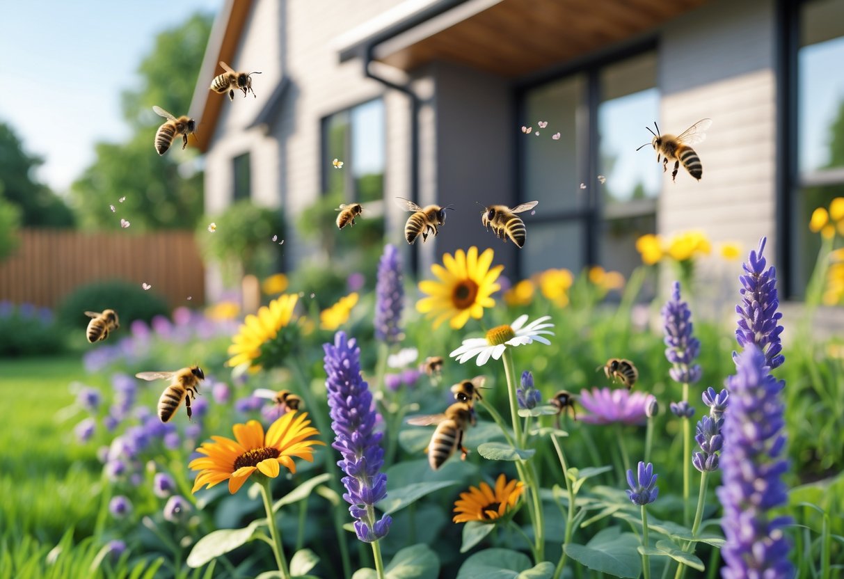 Bees flying and collecting nectar from colorful flowers in a garden outside a house.
