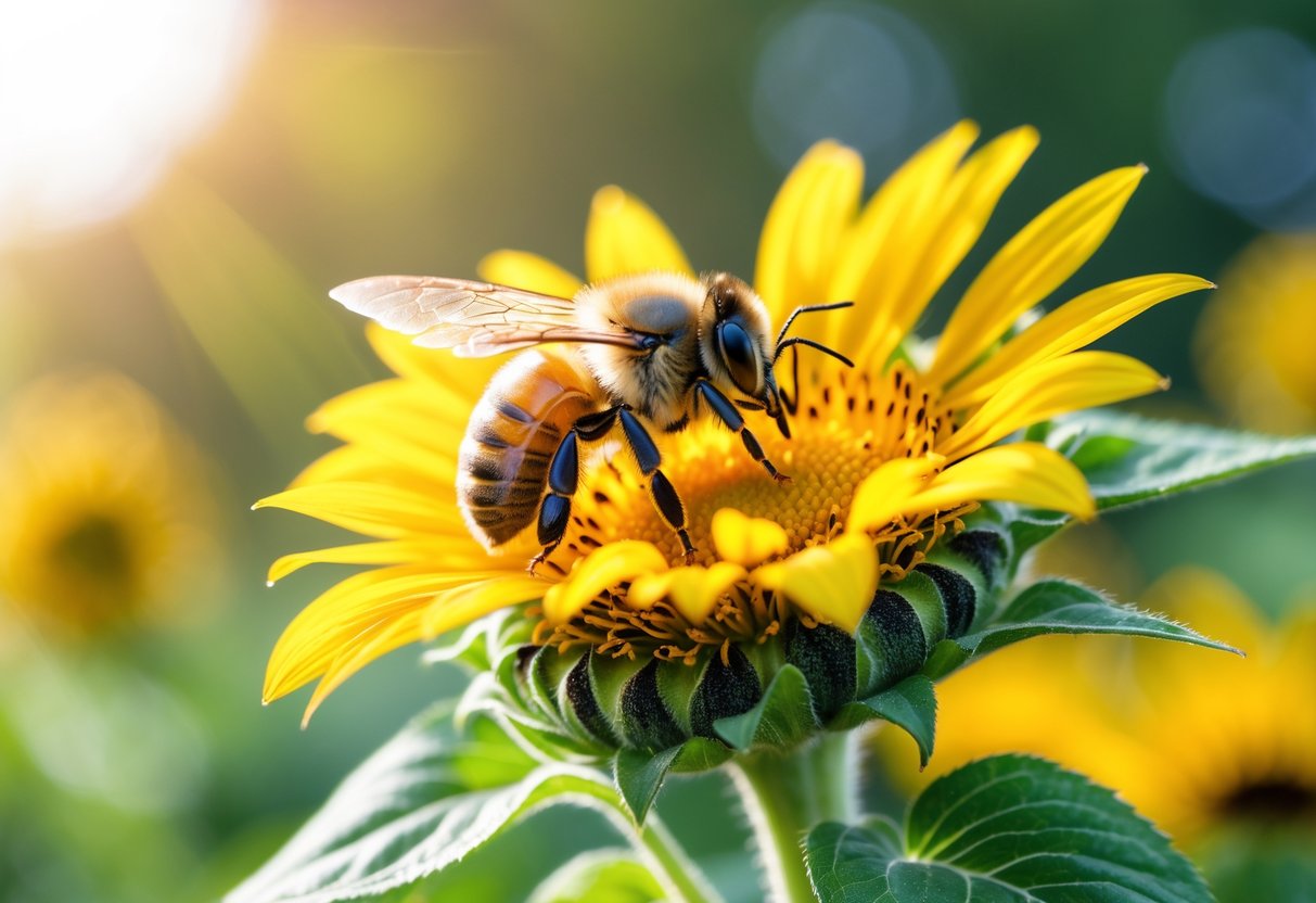 A honeybee on a yellow sunflower with green leaves in the background.