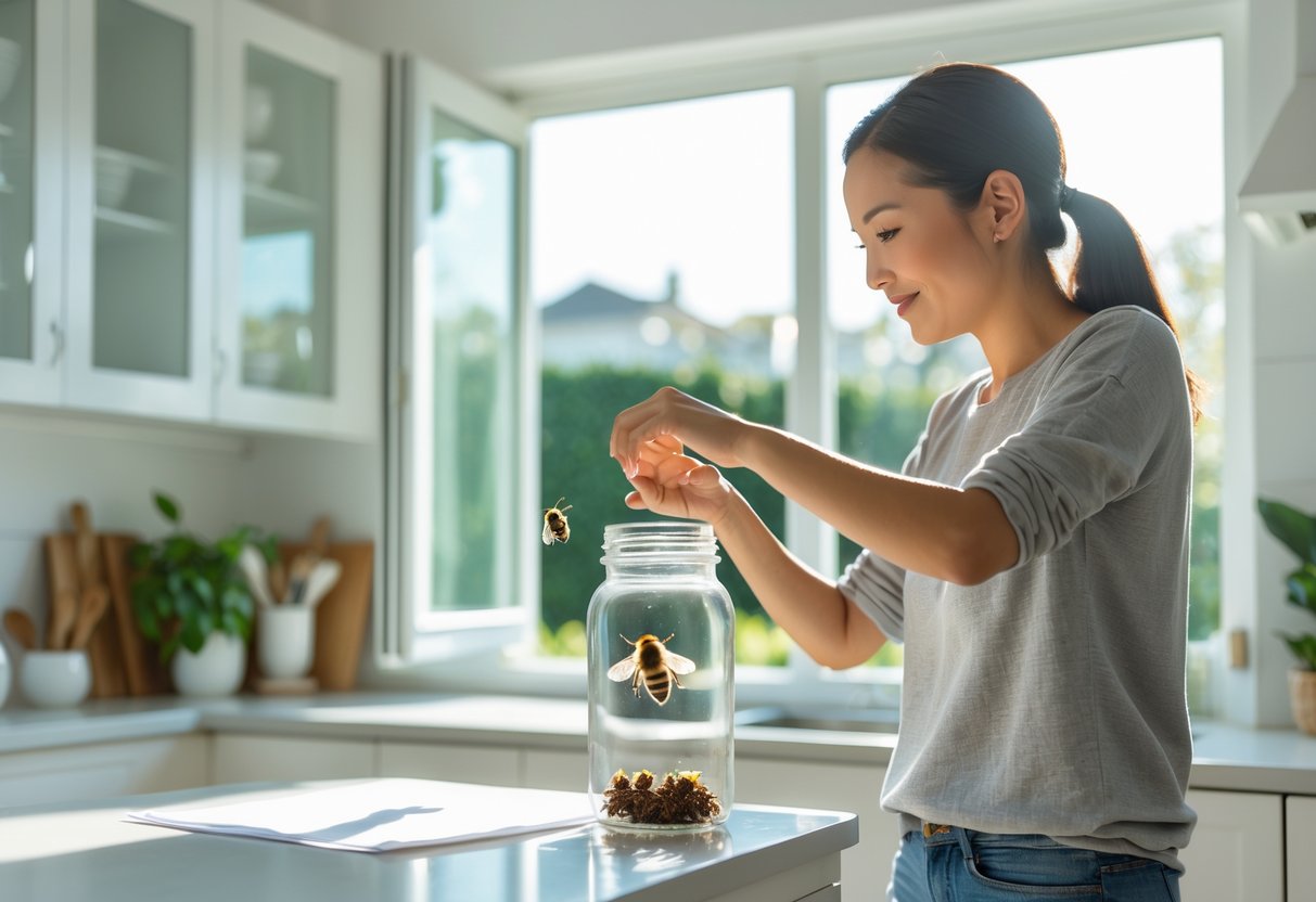 A person gently guiding a bee inside a glass jar towards an open window in a bright kitchen.