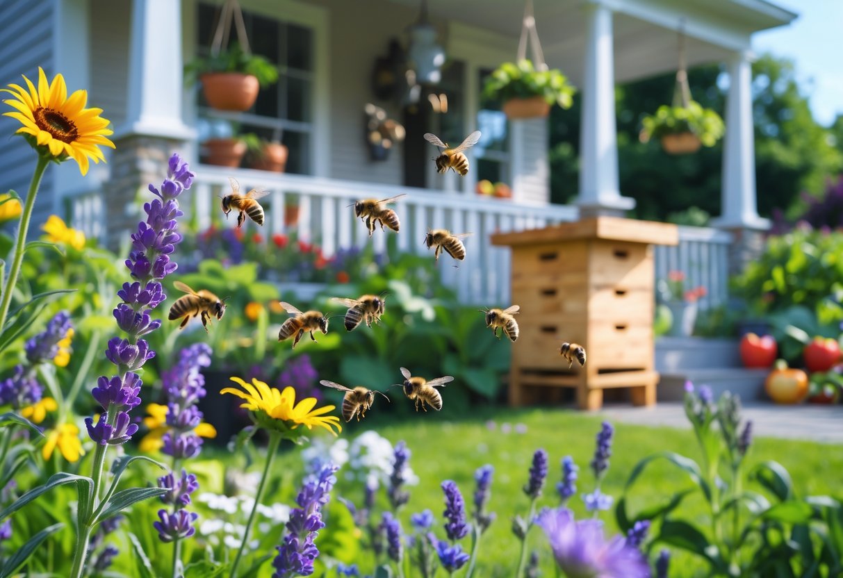 A garden around a house with blooming flowers, bees flying and collecting nectar, a vegetable garden, and a wooden beehive nearby.