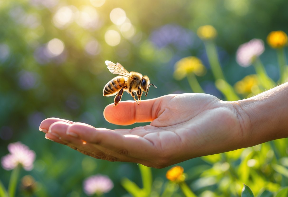 A close-up of a honeybee landing gently on a person's fingertip outdoors with flowers and greenery in the background.