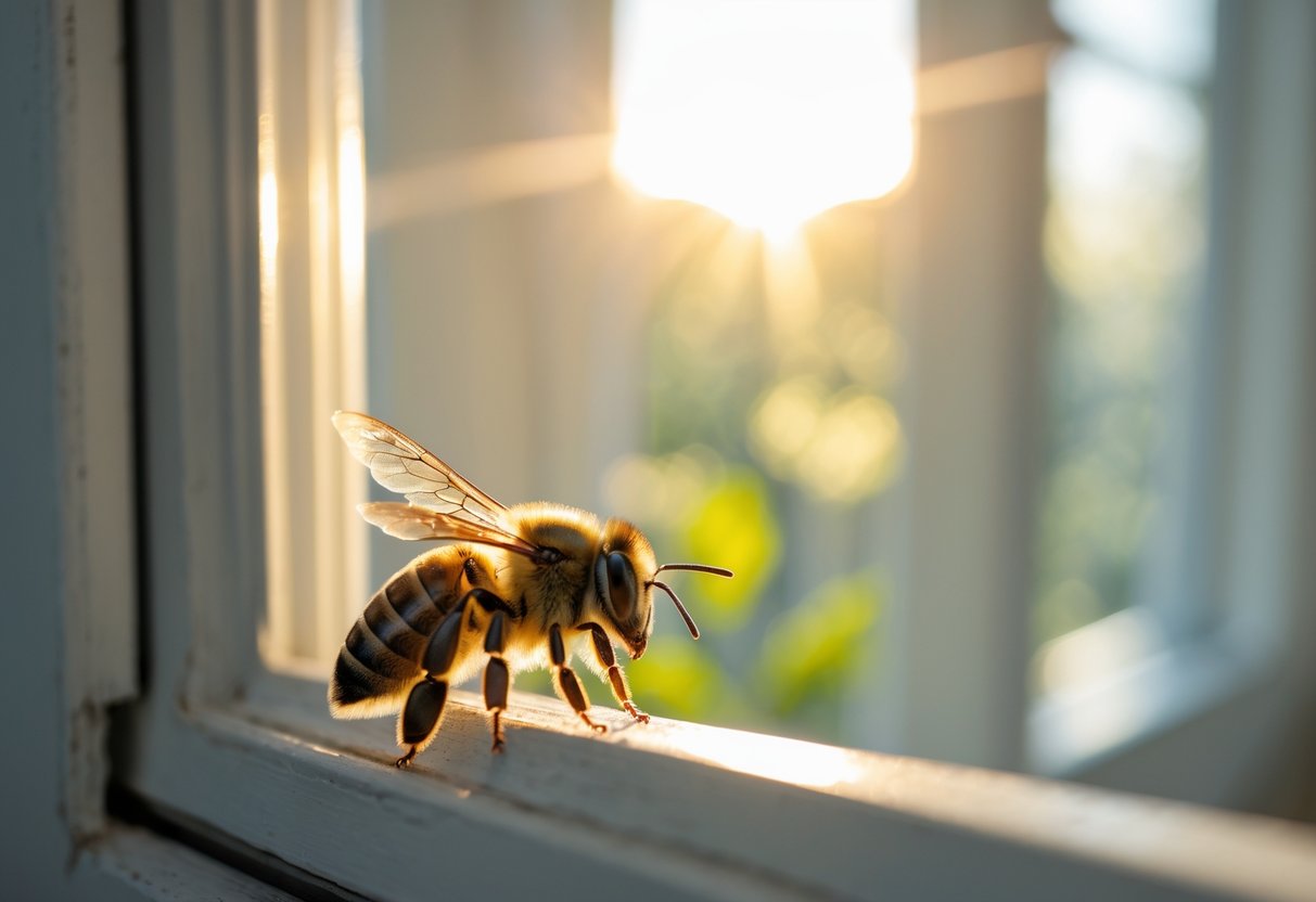 A bee resting on a windowpane inside a sunlit home with a blurred interior background.