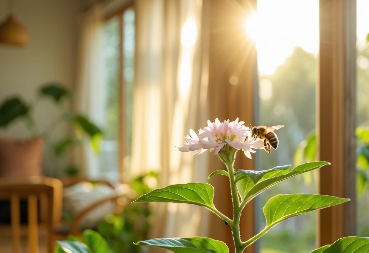 A honeybee resting on a blooming indoor plant near a sunlit window inside a cozy home.
