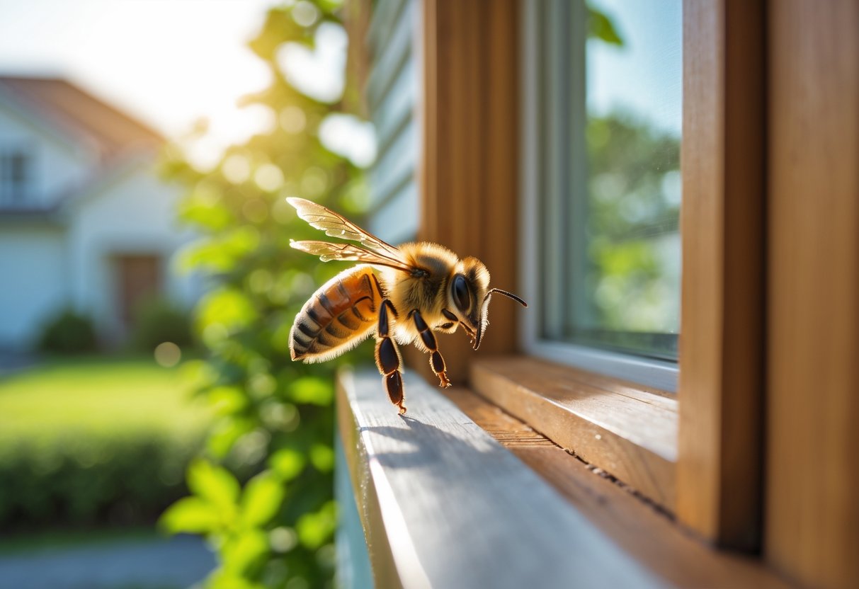 A honeybee landing on the edge of a wooden house window frame with a blurred house and greenery in the background.