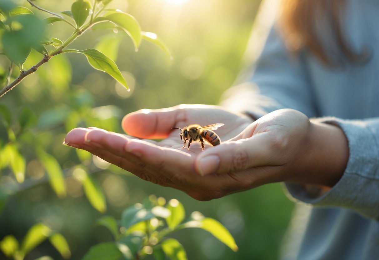 A person outdoors with a bee gently resting on their hand.