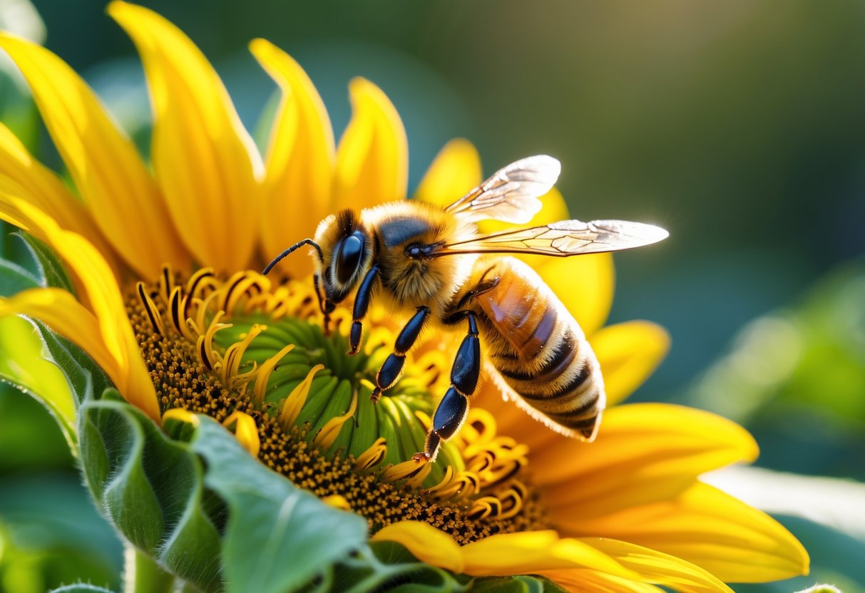 A honeybee collecting pollen on a bright yellow sunflower with green foliage in the background.