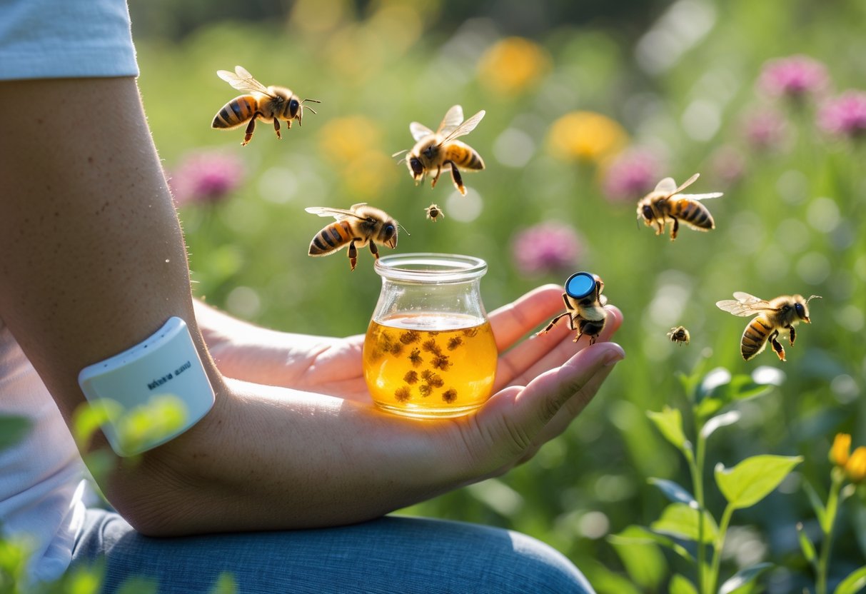 A person outdoors holding a small container of honey with bees hovering around and landing on the container and their arm.