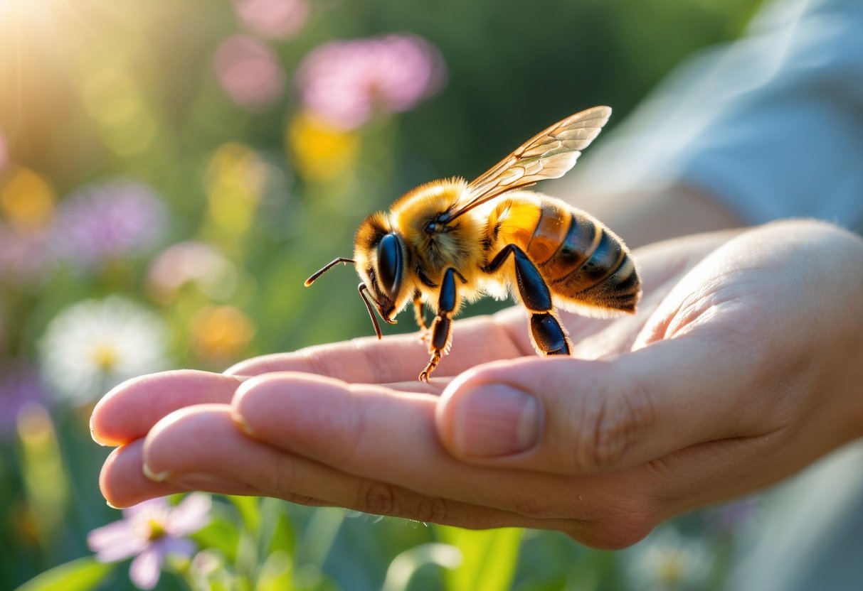 A honeybee landing on a person's hand in a garden with flowers in the background.