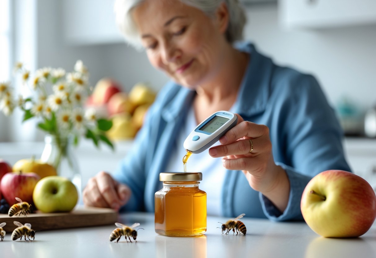 A person checking their blood sugar with a glucose meter on a kitchen counter next to a jar of honey and a few bees hovering nearby.