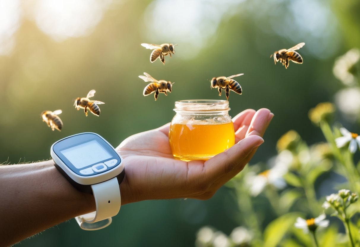 A person holding a jar of honey with honeybees attracted to it, and a glucose monitor visible on their wrist.
