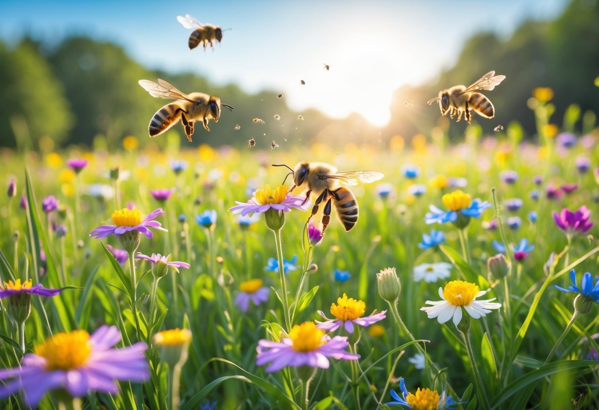 Bees flying and pollinating colorful wildflowers in a sunny meadow.