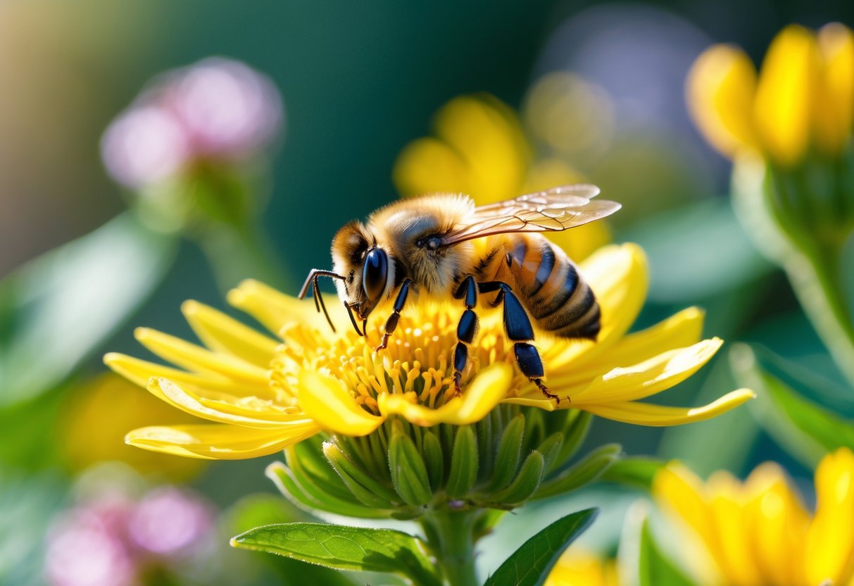 A honeybee sitting on a yellow flower in a sunlit garden with green leaves and flowers in the background.