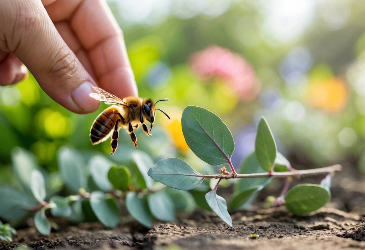 A close-up of a person holding a honeybee on their finger near eucalyptus leaves in a garden.