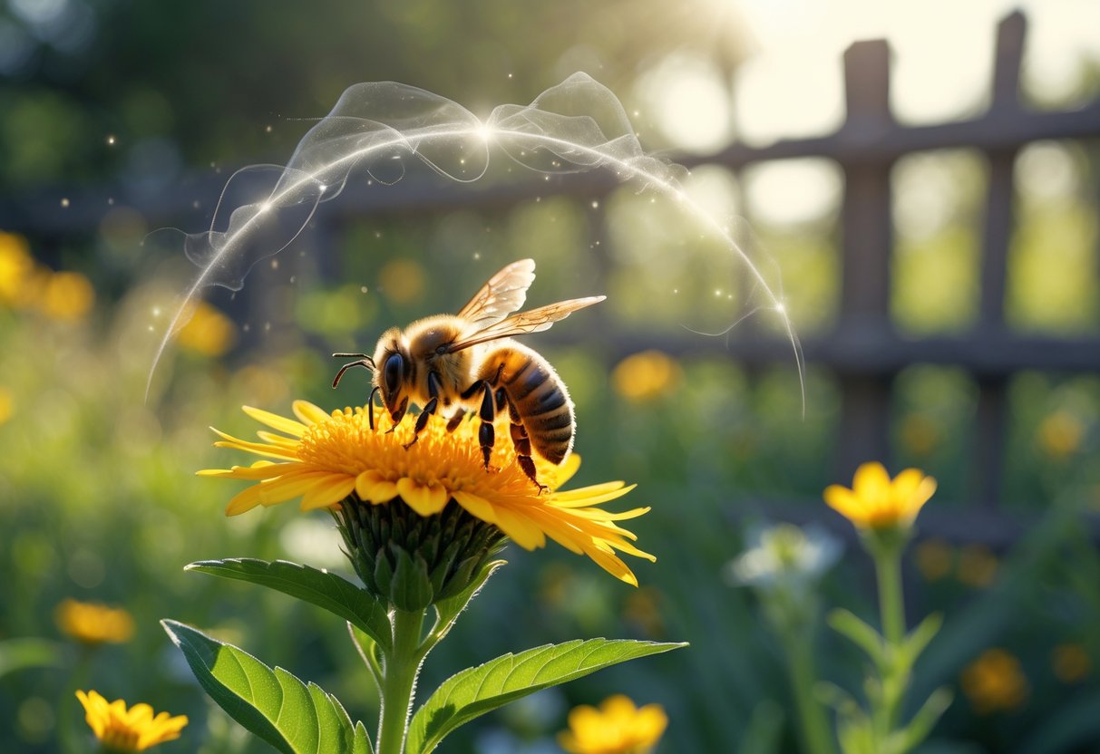 A close-up of a honeybee sitting on a yellow flower in a garden with soft sunlight and a blurred wooden fence in the background.