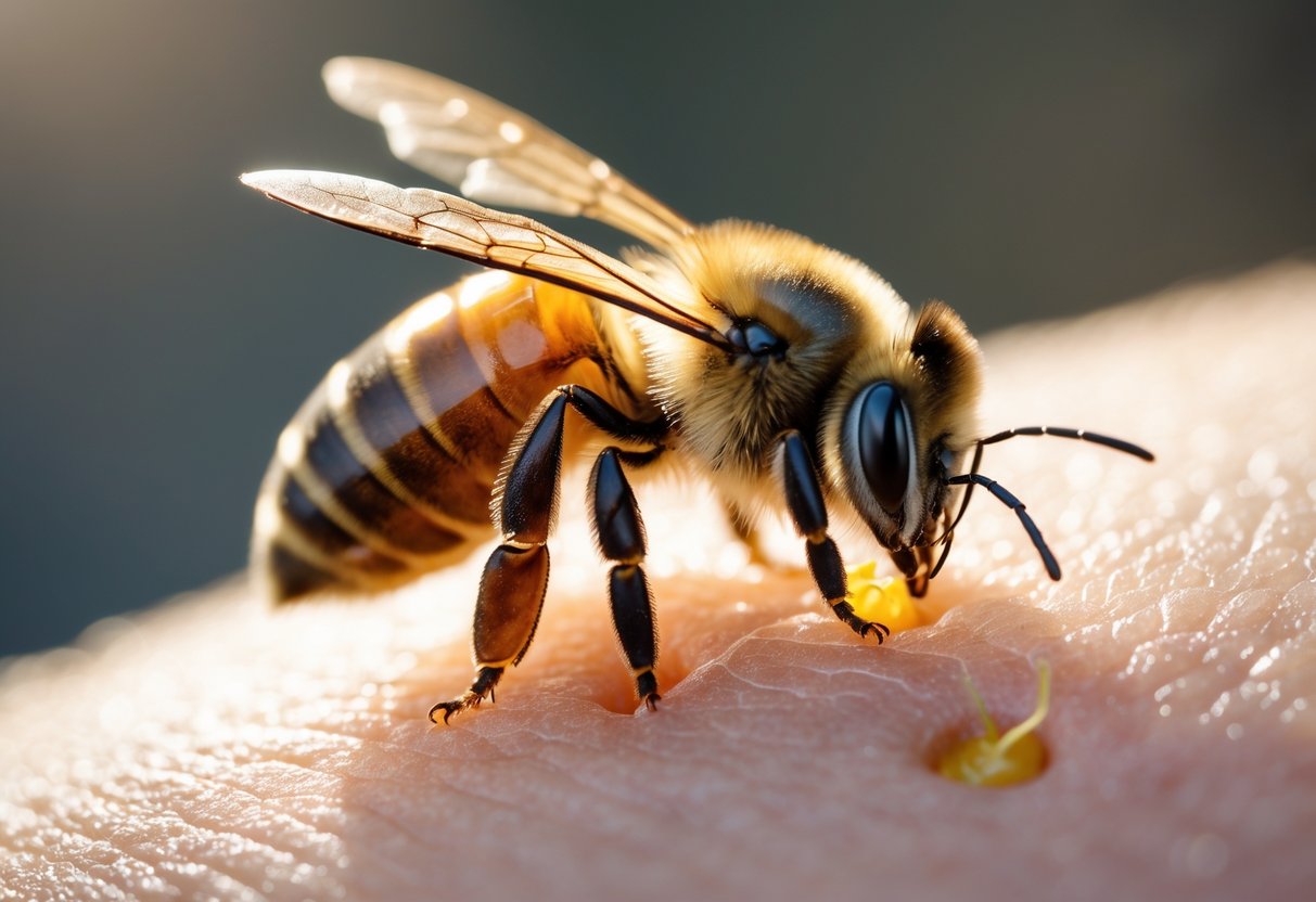 Close-up of a honeybee stinging human skin with visible redness around the sting site.
