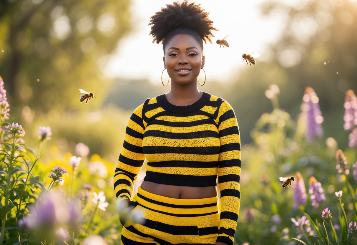 Person wearing a yellow and black striped outfit standing outdoors near flowers with bees flying around.