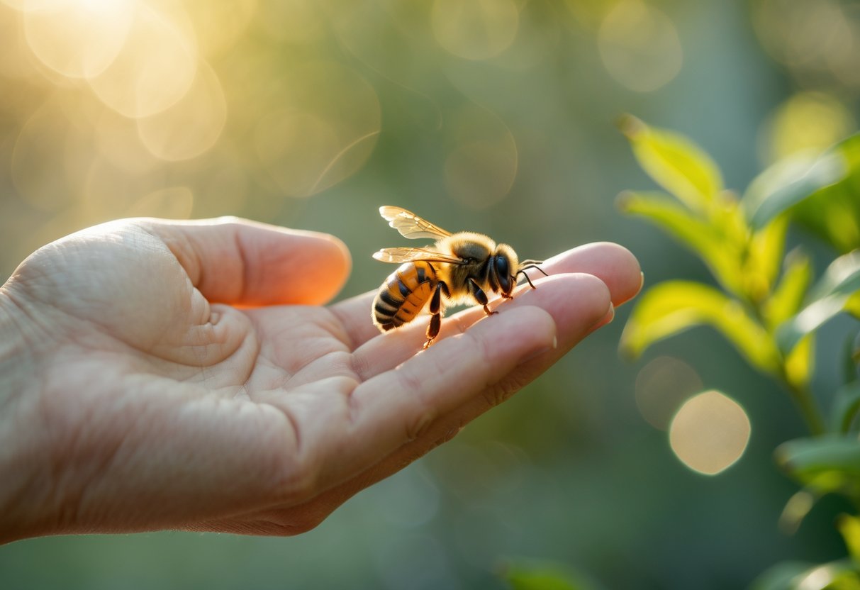 A hand gently holding a bee on the fingertip with green foliage in the background.