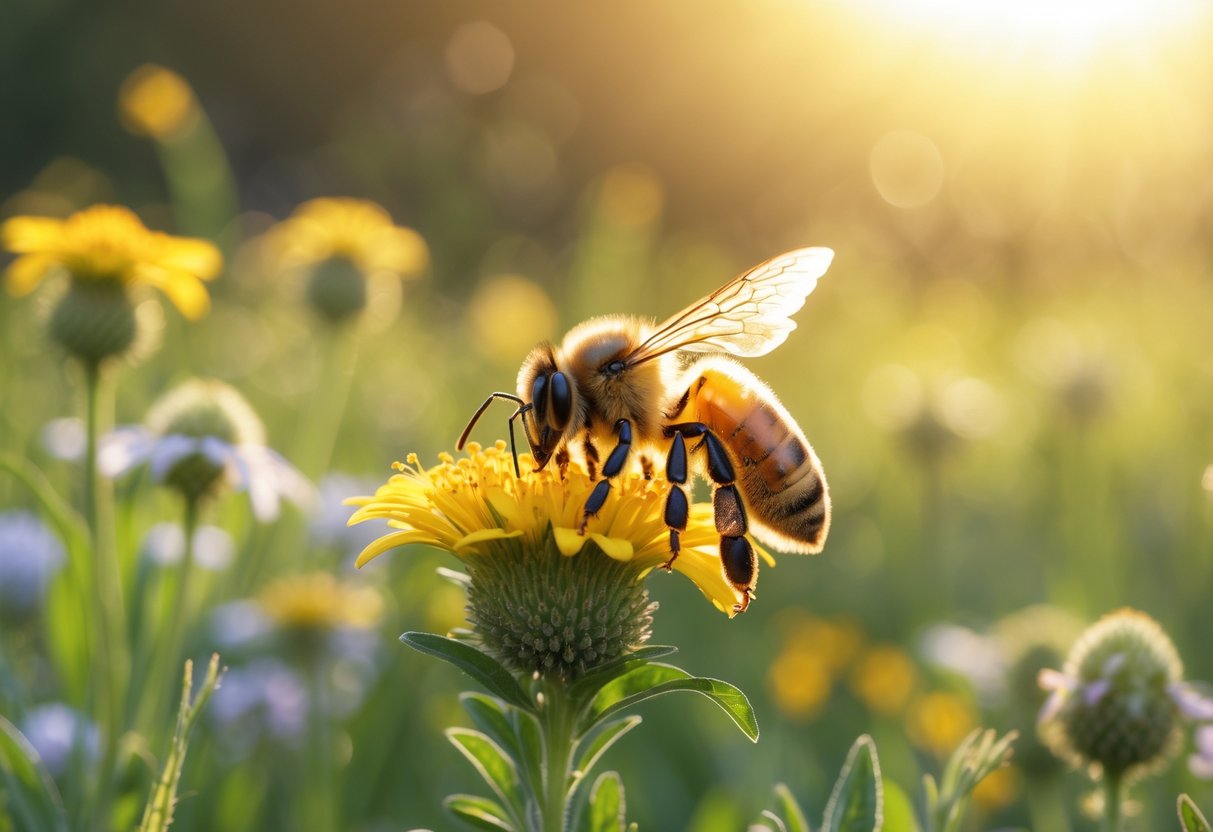 A honeybee resting on a yellow flower surrounded by green plants in a sunlit meadow.