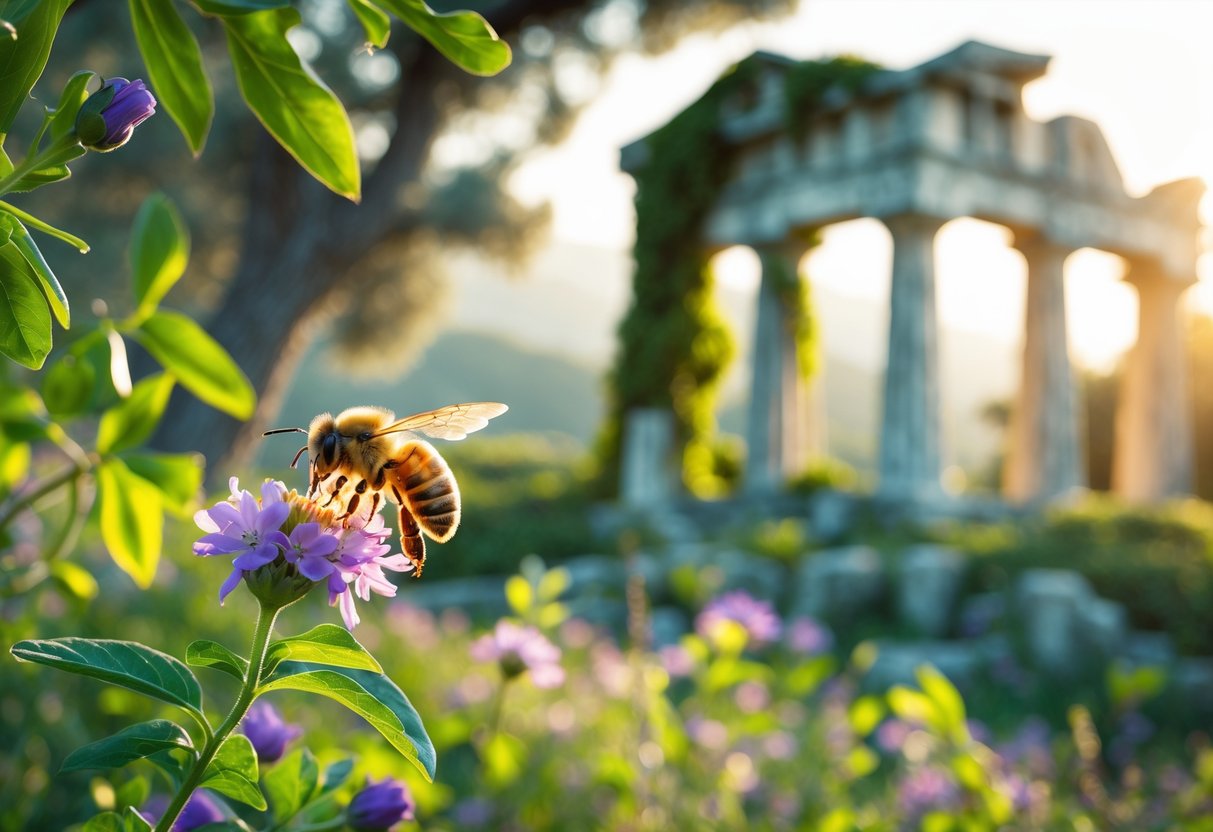 A honeybee on a wildflower with ancient Greek temple ruins in the background surrounded by greenery.