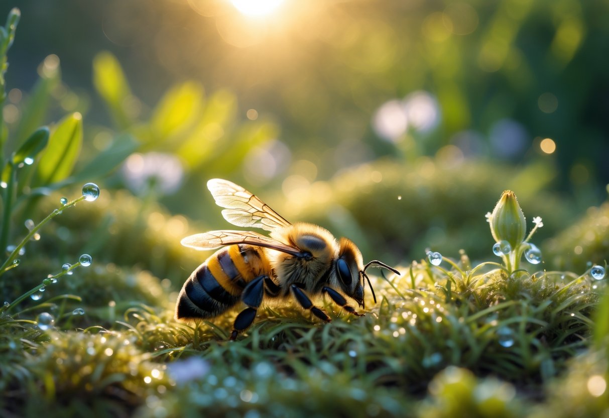 A dead bee resting on moss and wildflowers in a sunlit natural setting.