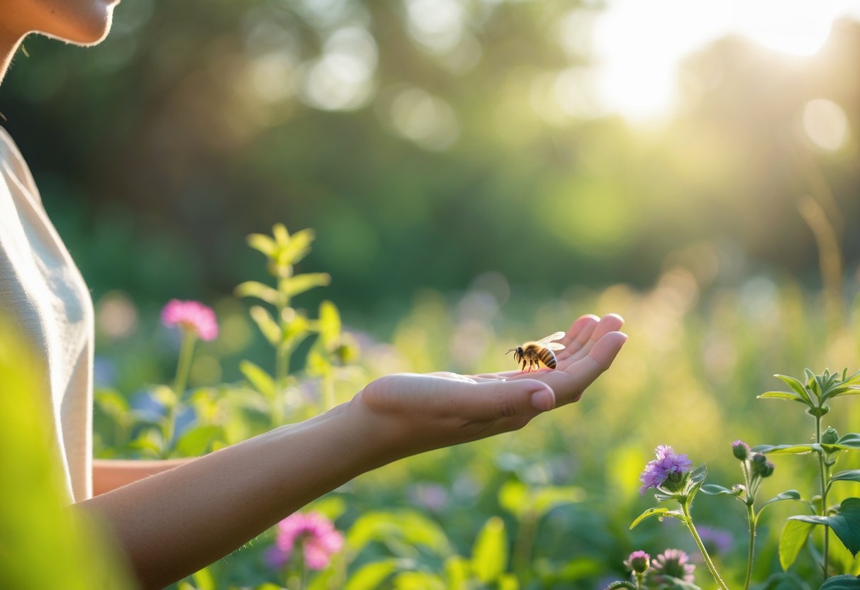 A person outdoors with a honeybee sitting gently on their hand in a garden.