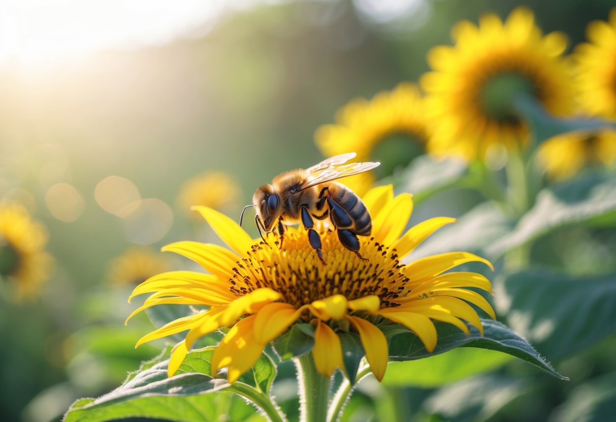 A honeybee resting on a yellow sunflower surrounded by green leaves and other flowers.