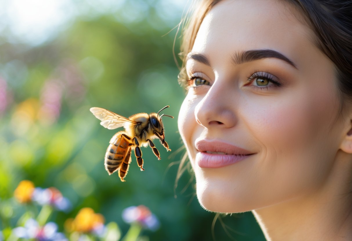 A young woman outdoors with a honeybee flying near her face.