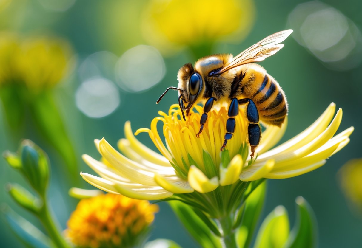 A bee sitting on a yellow flower with green leaves in the background.